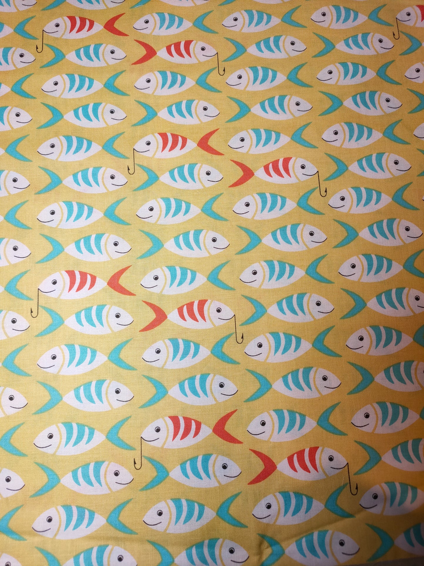Michael Miller Little Fishes 100% cotton fabric. Fat Quarter. Blue and Pink fishes on a Yellow background.