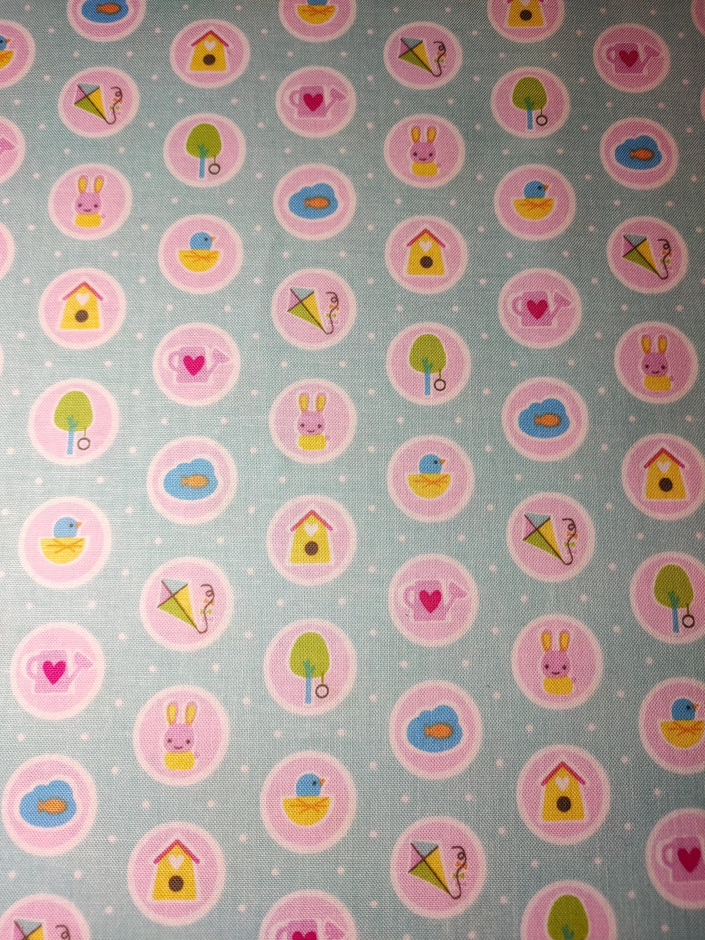 Riley Blake Sweet Home 100% cotton fabric. Fat Quarter. Pictures in circles on a spotted teal background.