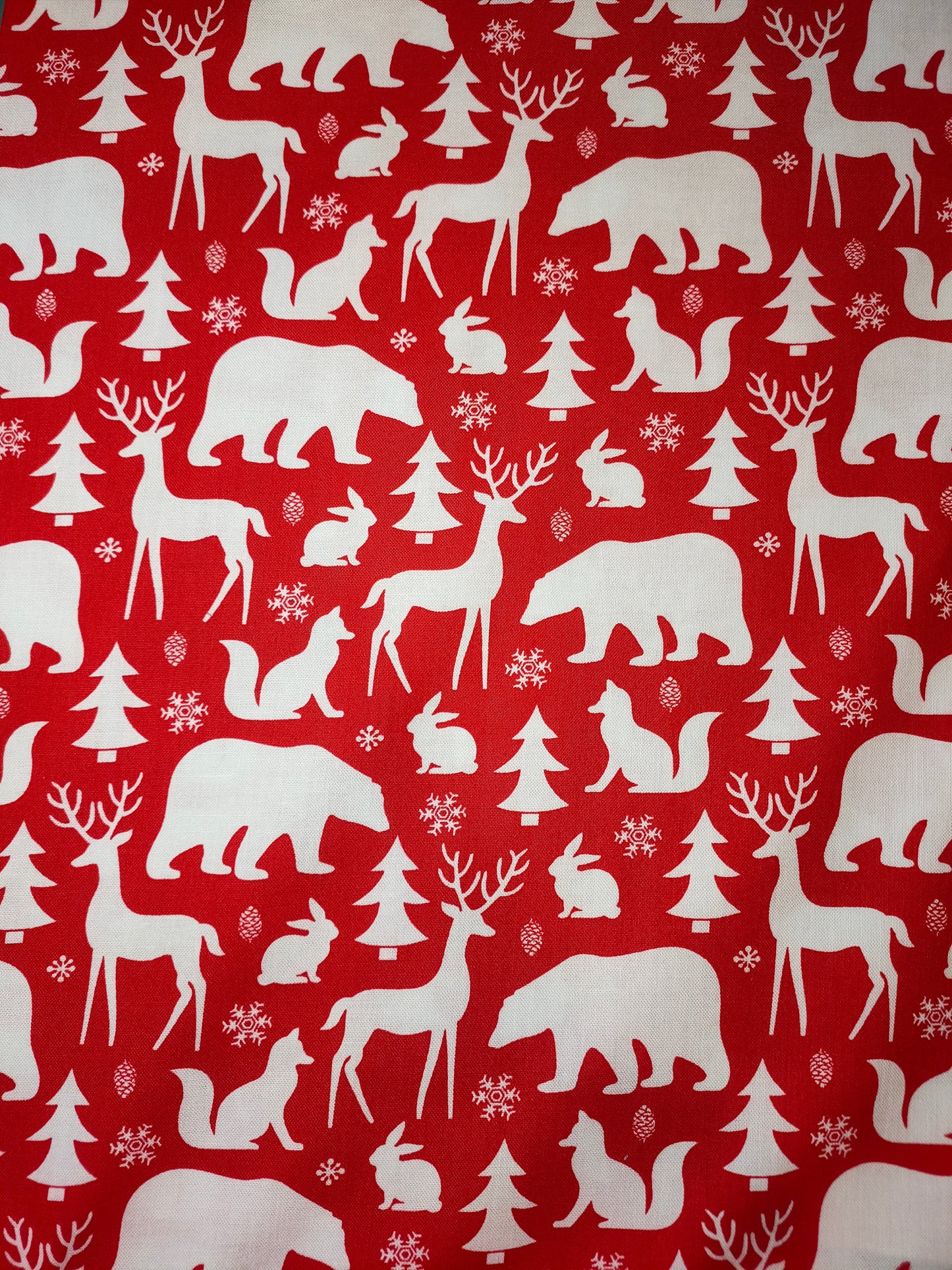 Michael Miller Winter Friends 100% cotton fabric. Fat Quarter. Bear, rabbit, fox, deer in white on a red background.