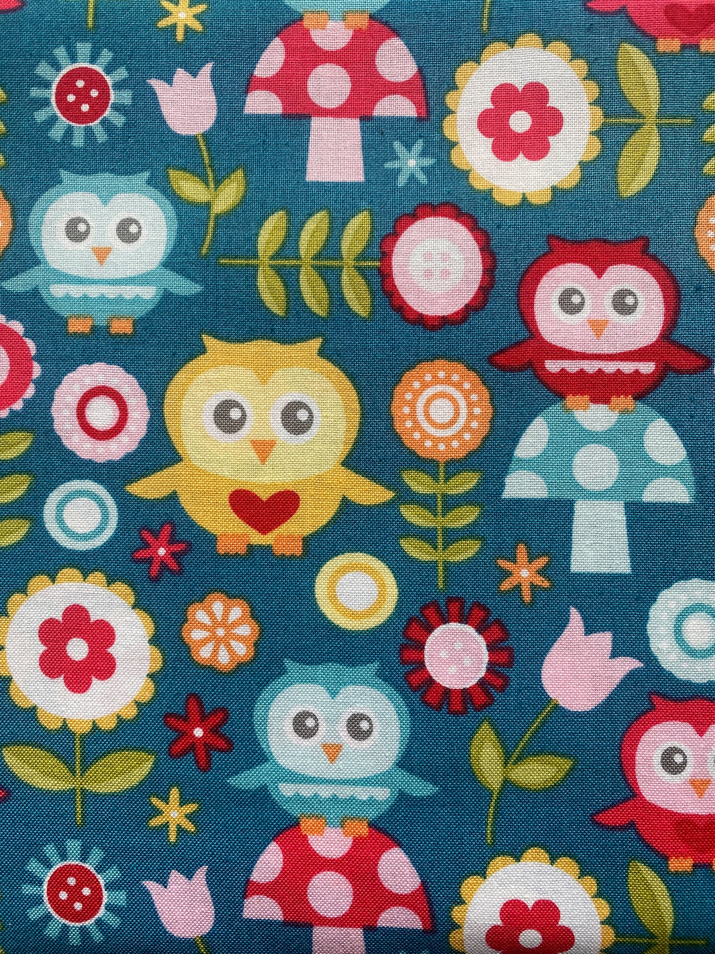 Riley Blake Fine & Dandy 100% cotton fabric. Fat Quarter. Owls and flowers on a blue background.