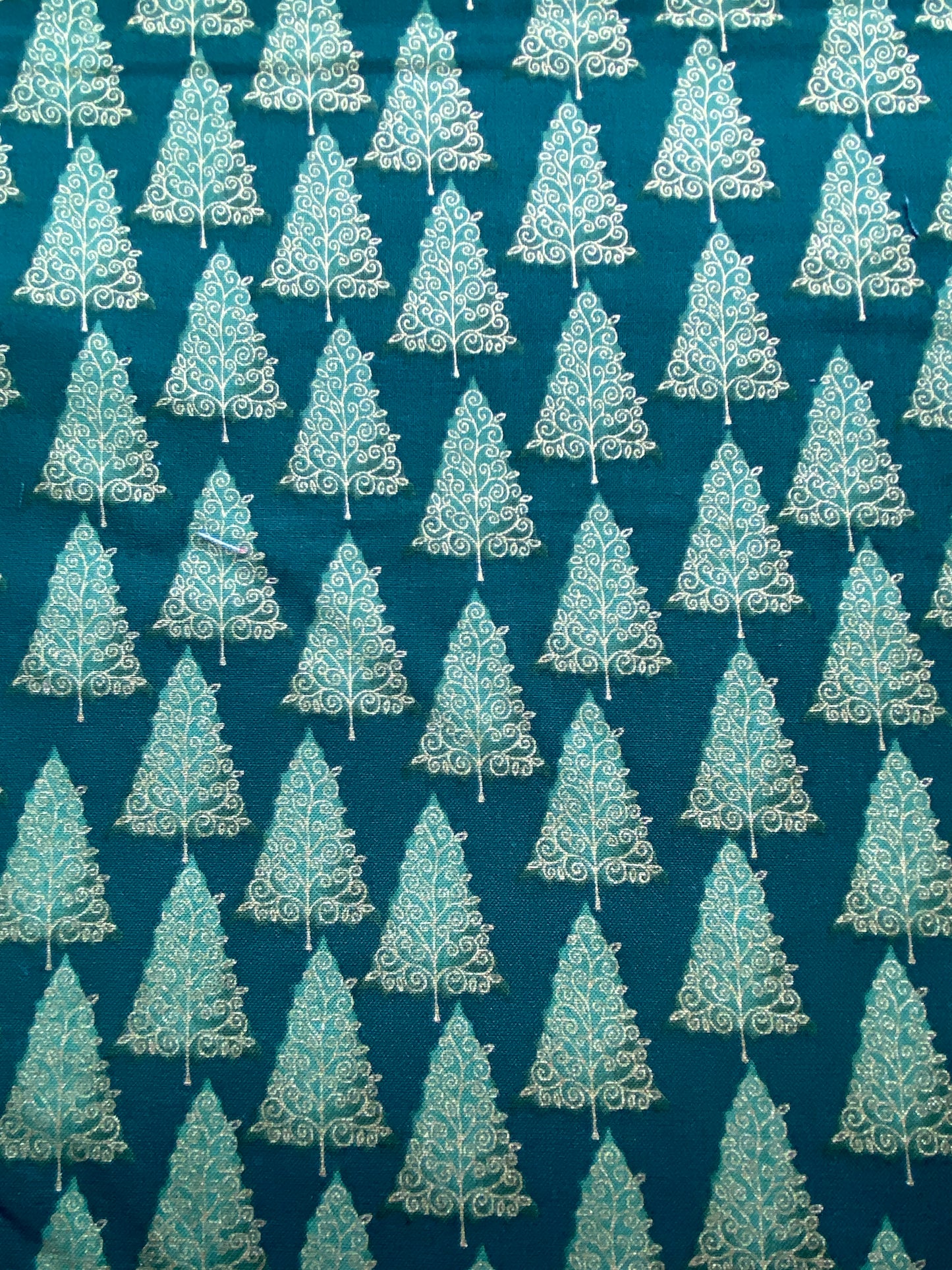 Makower Classic Tree 100% cotton fabric. Fat Quarter. Gold and green trees on a dark green background.