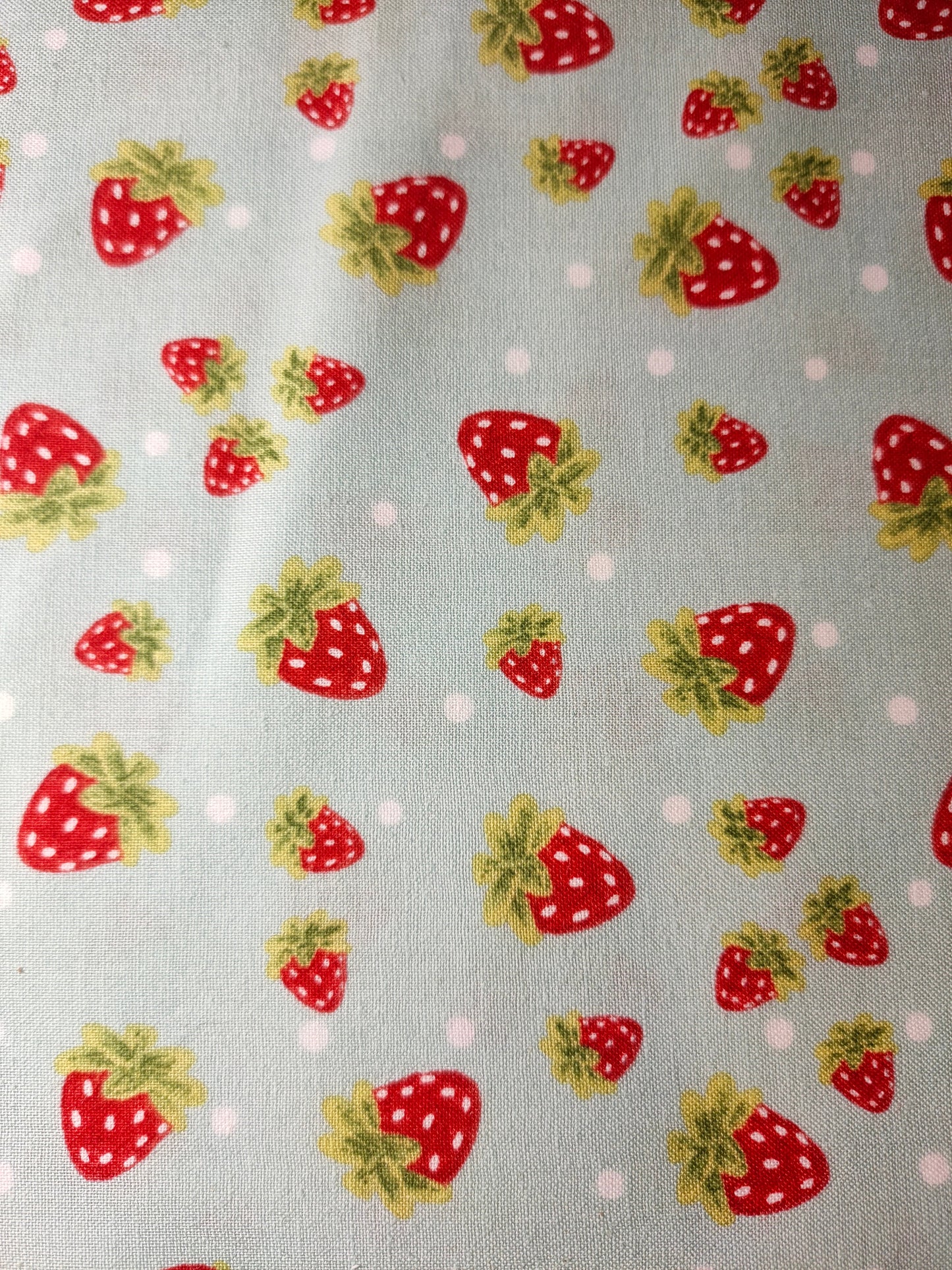 Strawberry Festival By Jennifer Heynen 100% cotton fabric. Far Quarter,  Strawberries on a teal background.