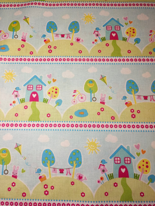 Riley Blake Sweet Home 100% cotton fabric.  Fat Quarter.  Street scene on a pale blue background.