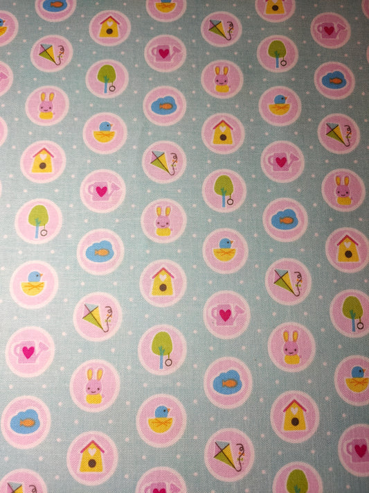 Riley Blake Sweet Home 100% cotton fabric. Fat Quarter.  Pictures in circles on a spotted teal background.