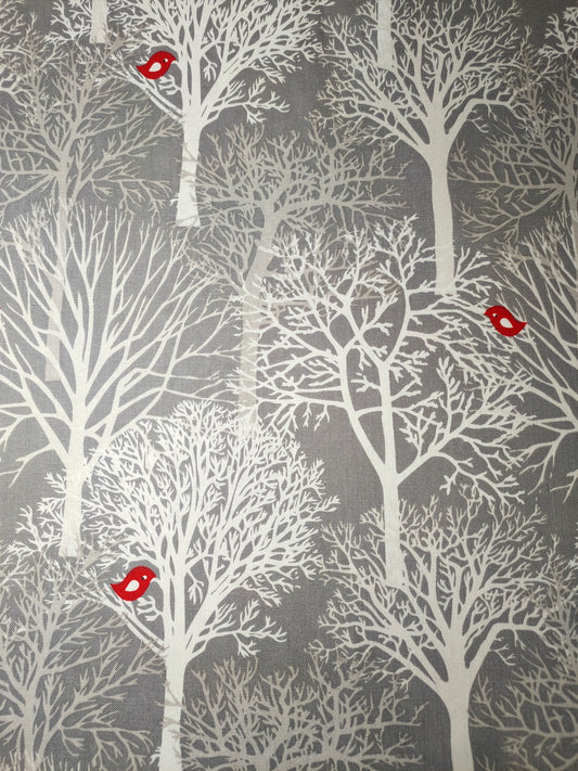 Michael Miller Woodland Winter 100% cotton fabric. Fat Quarter.  White trees with red bird on a grey background.