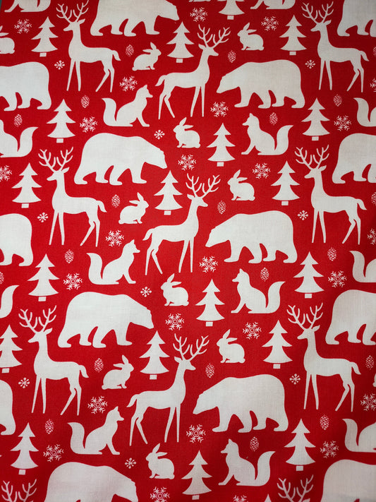 Michael Miller Winter Friends 100% cotton fabric. Fat Quarter.  Bear, rabbit, fox, deer in white on a red background.