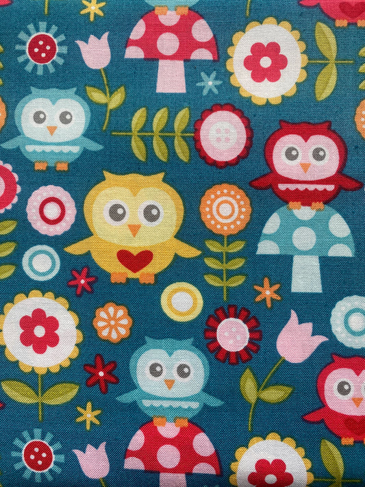 Riley Blake Fine & Dandy 100% cotton fabric.  Fat Quarter.  Owls and flowers on a blue background.