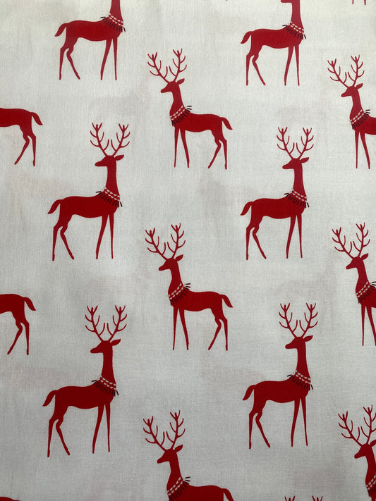 Michael Miller Reindeer 100% cotton fabric. Fat Quarter. Red reindeer on a white background.