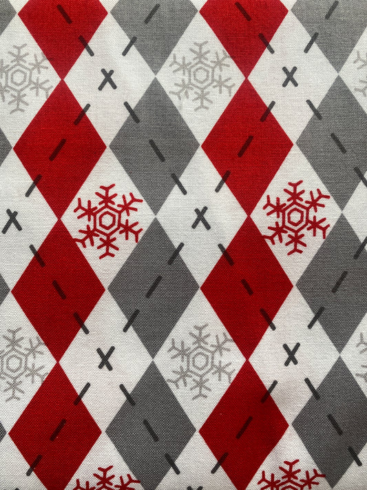 Michael Miller Argyle Sweater 1005 Cotton fabric. Fat Quarter.  Red, grey and white checkered pattern with snowflakes.